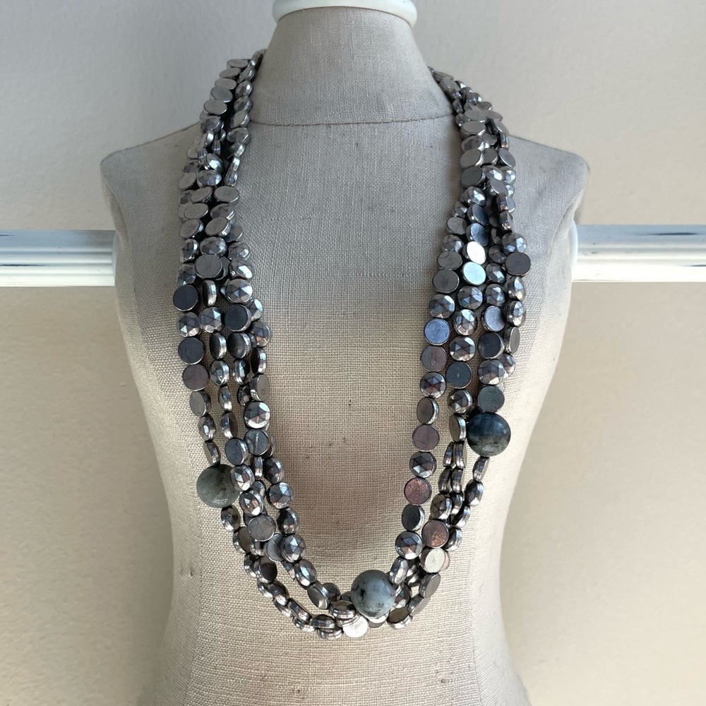 Statement Multi Layered Silver Beaded And Gray St… - image 1